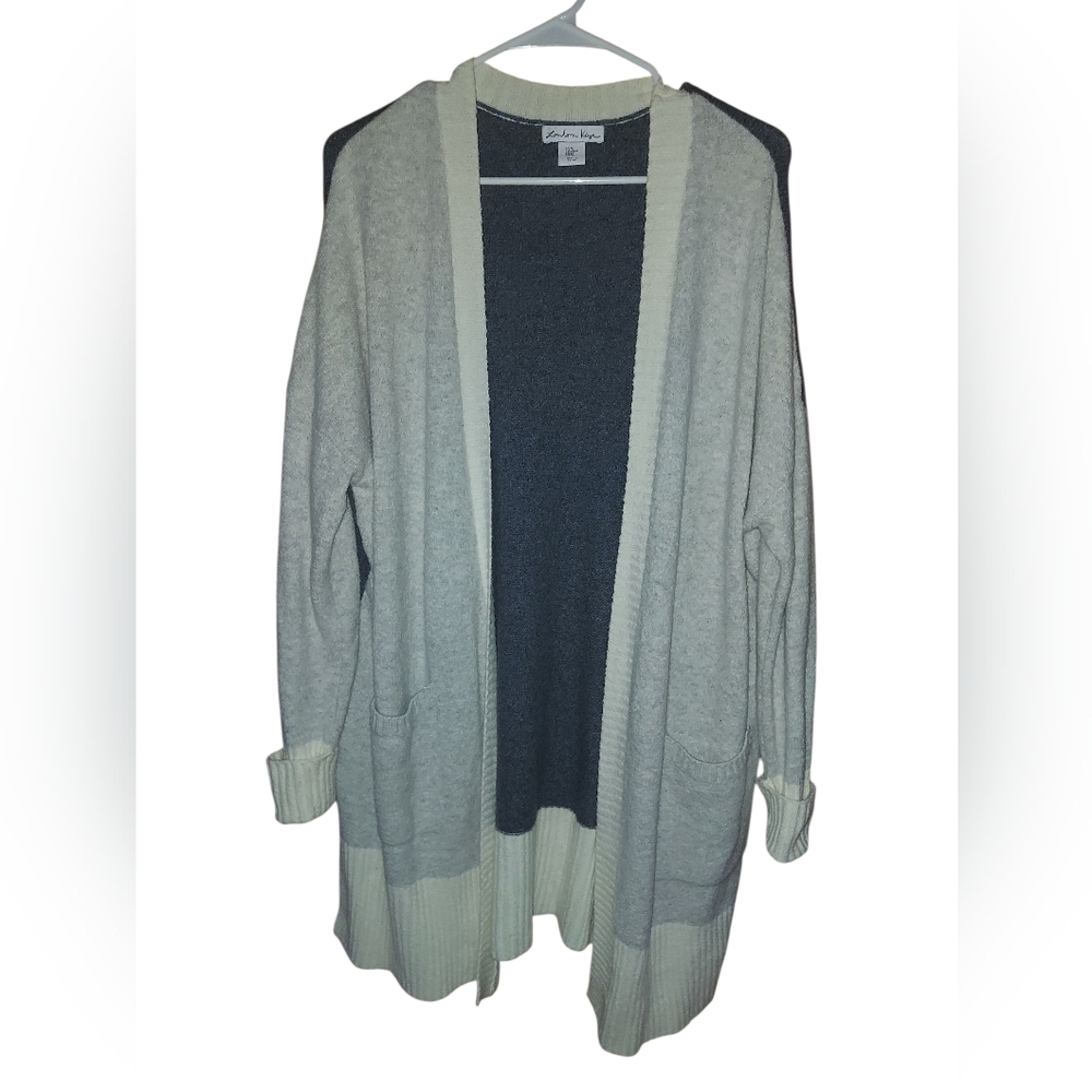 Elegant Gray And White Color Block Women's Cardigan Size M